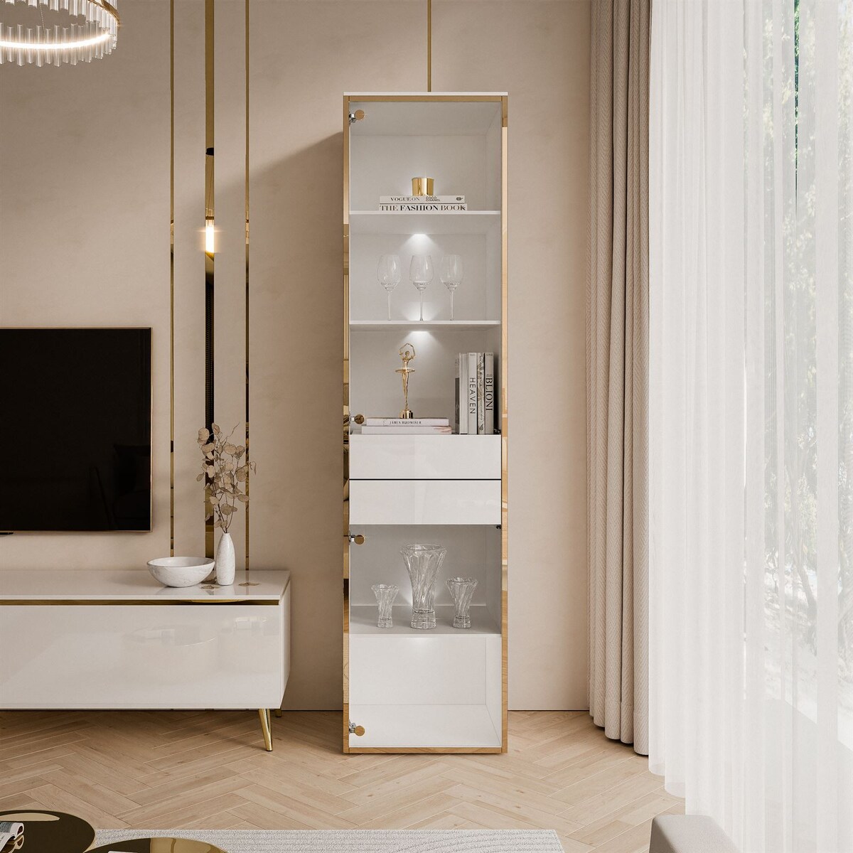 Witryna AURORA z oświetleniem LED biały połysk na ślizgach