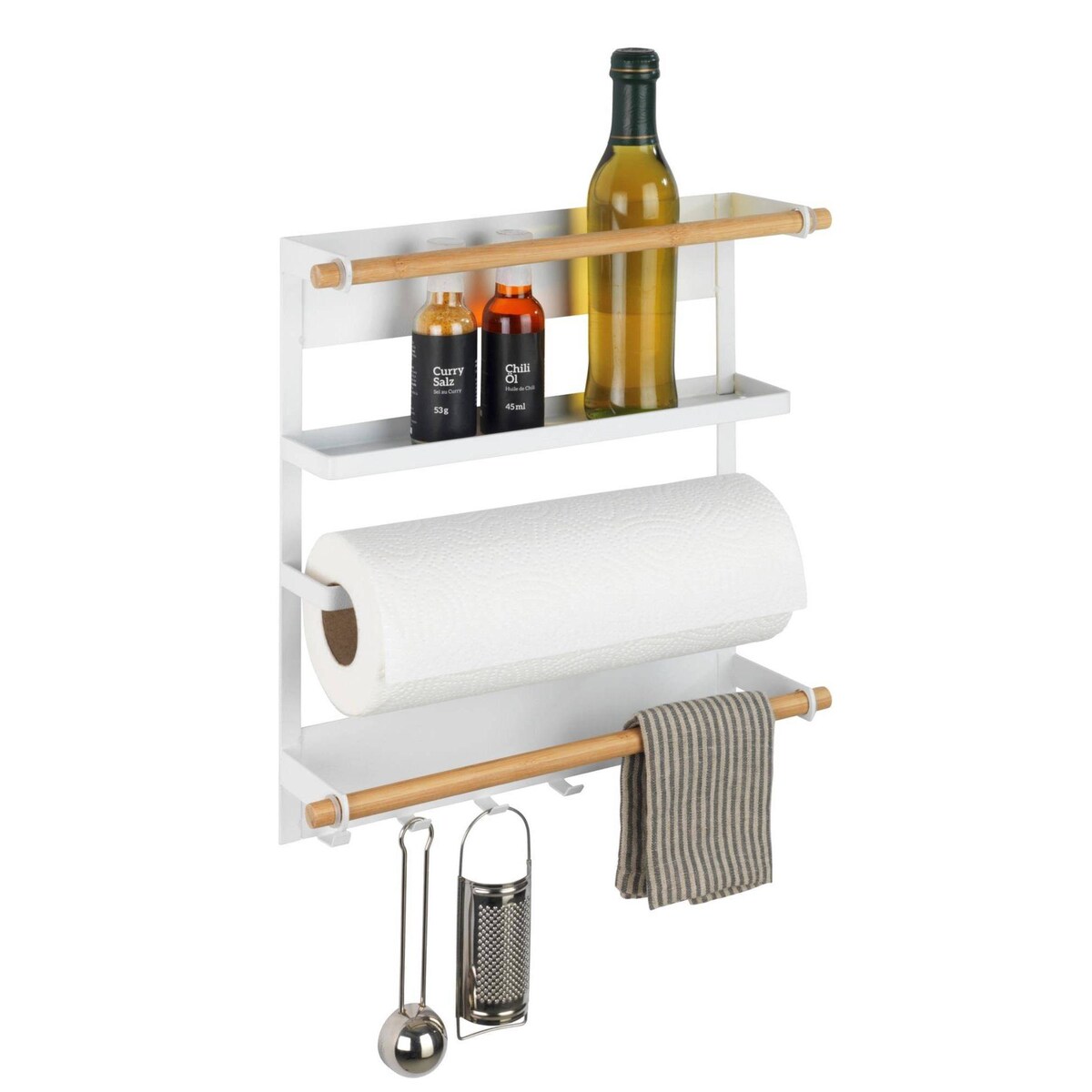 Wielofunkcyjna półka kuchenna MAGNA z uchwytem na ręcznik papierowy i haczykami, montaż bez wiercenia, WENKO
