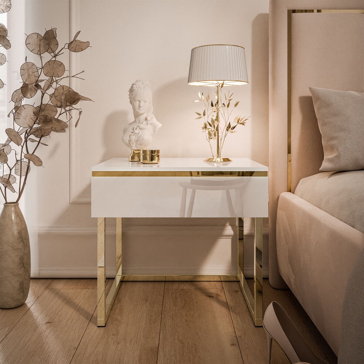 Stolik nocny AURORA na złotym stelażu biały połysk