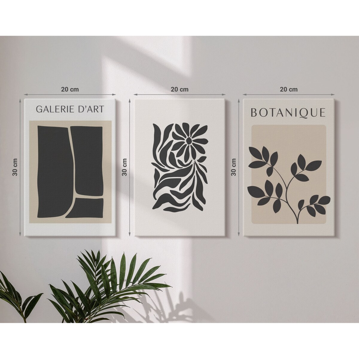 Zestaw 3 małych obrazów na płótnie - Abstrakcyjne wzory roślinne - beżowy