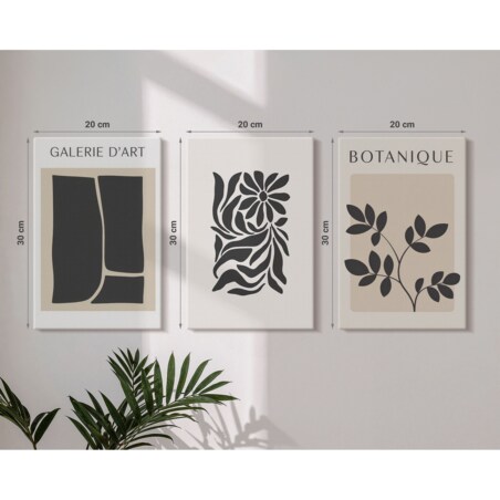Zestaw 3 małych obrazów na płótnie - Abstrakcyjne wzory roślinne - beżowy