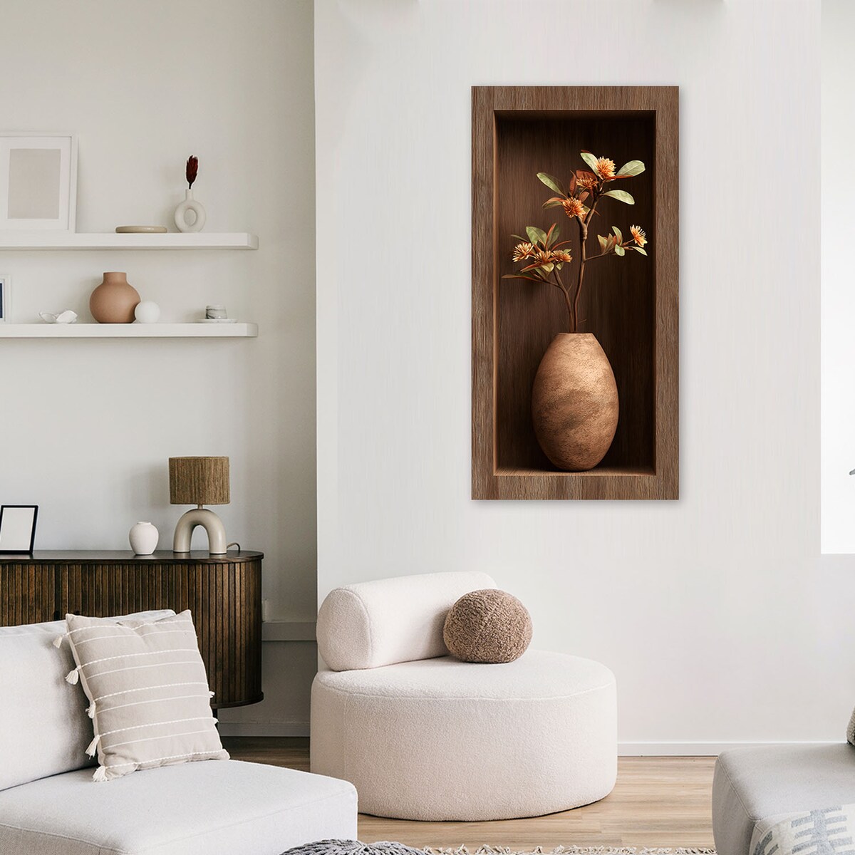 Obraz do salonu sypialni, Kwiaty w wazonie w drewnianej wnęce 3d 50x100