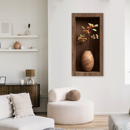 Obraz do salonu sypialni, Kwiaty w wazonie w drewnianej wnęce 3d 50x100