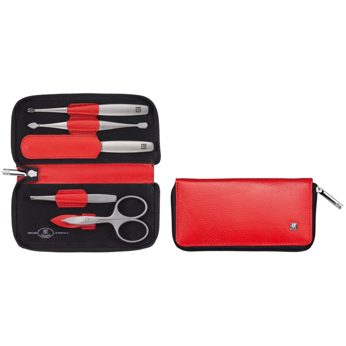 Zestaw podróżny Zwilling Twinox – czerwone, skórzane etui, 5 elementów - Czerwony