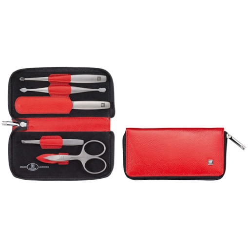 Zestaw podróżny Zwilling Twinox – czerwone, skórzane etui, 5 elementów - Czerwony