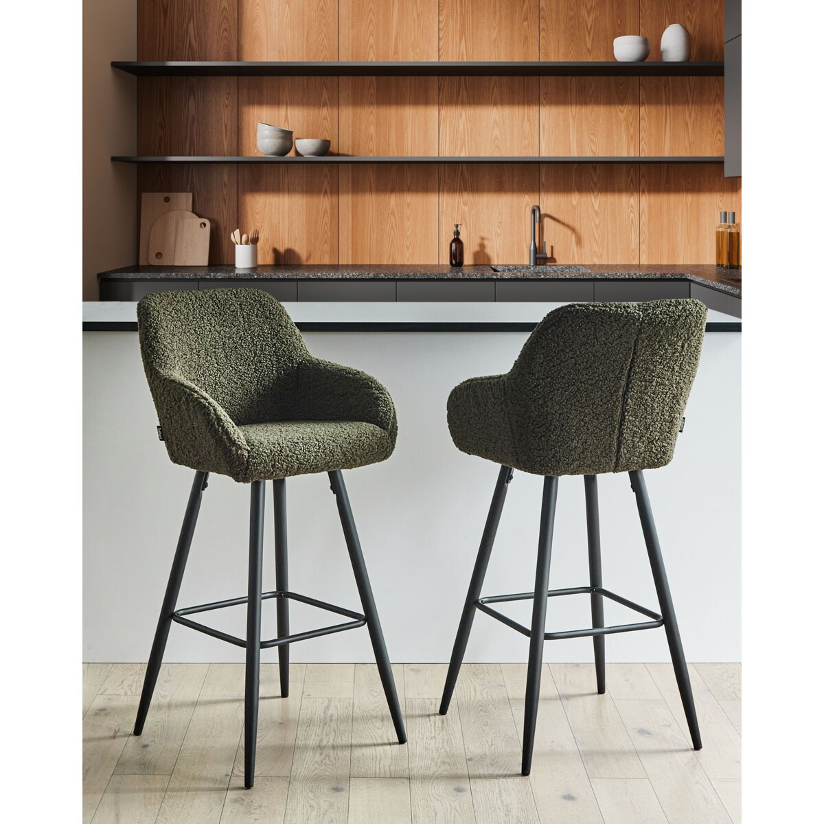 Zestaw 2 krzeseł barowych CASMALIA Boucle Ciemnozielony