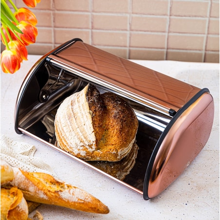 Chlebak stalowy duży 44cm różowe złoto matowy pojemnik na chleb pieczywo bułki KINGHOFF