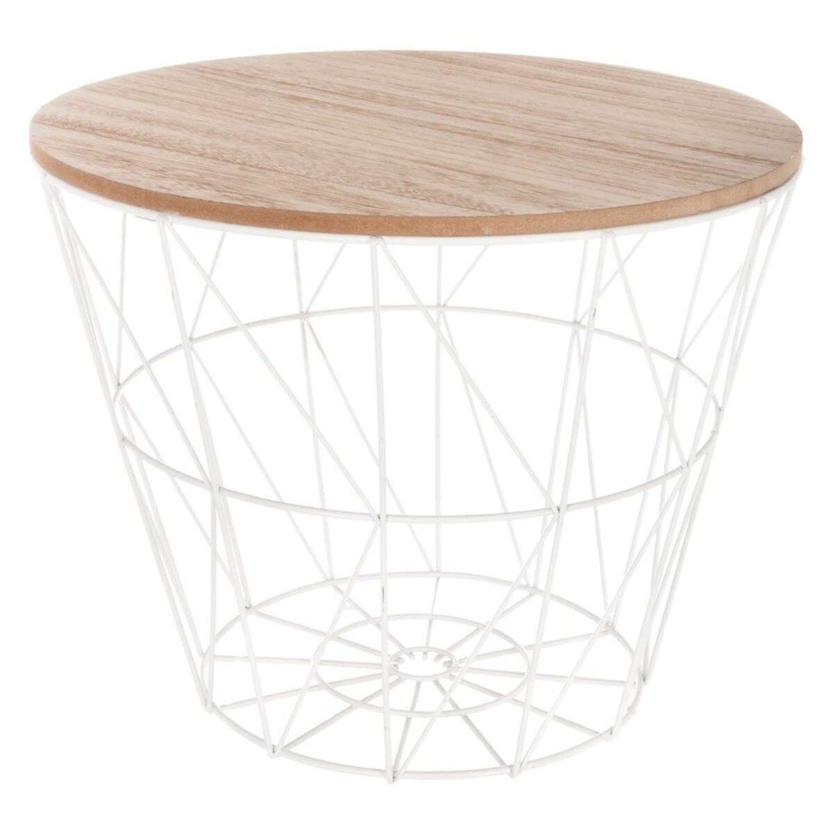 Stolik kawowy w stylu modern, drewniany blat z drucianym kloszem, uniwersalny i nowoczesny stół