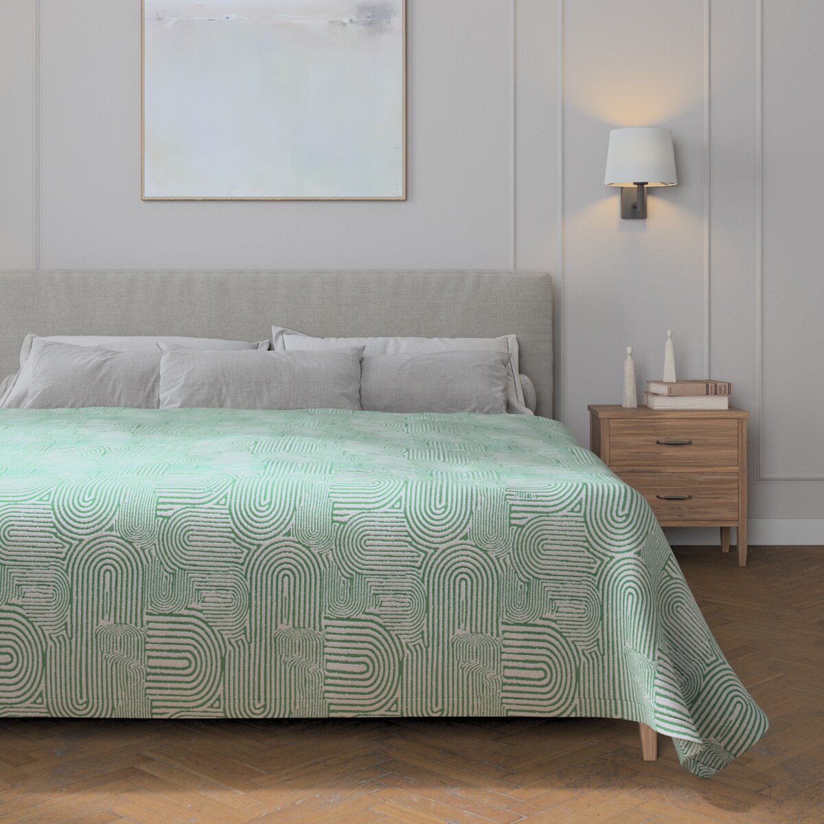 Pled narzuta 220x260cm 220x260 miętowe łuki na kremowym tle