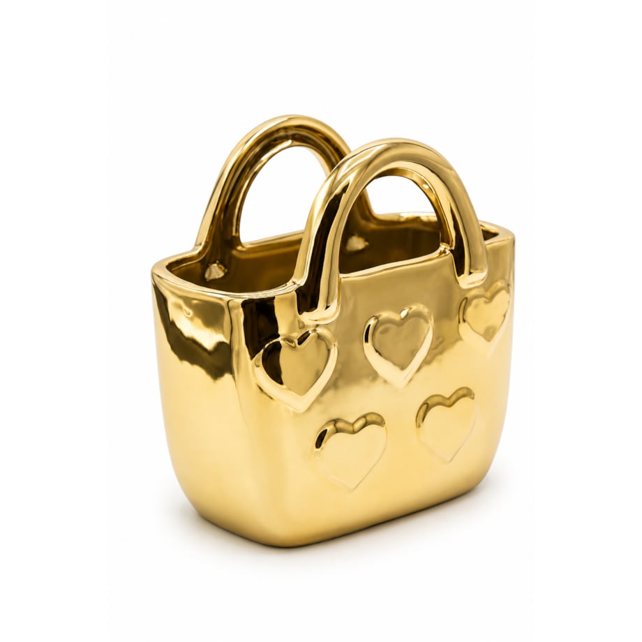 Wazon ceramiczny 17,7x10x18 cm TORBA złota w złote serca