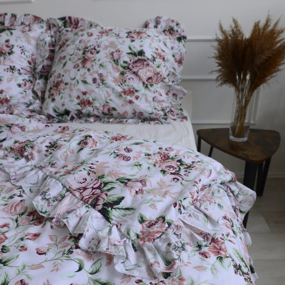 Pościel Bawełniana Z Falbanką Zestaw Komplet Do Sypialni Retro Kwiaty 160X200 Cm + 2 Poduszki 70X80 Cm