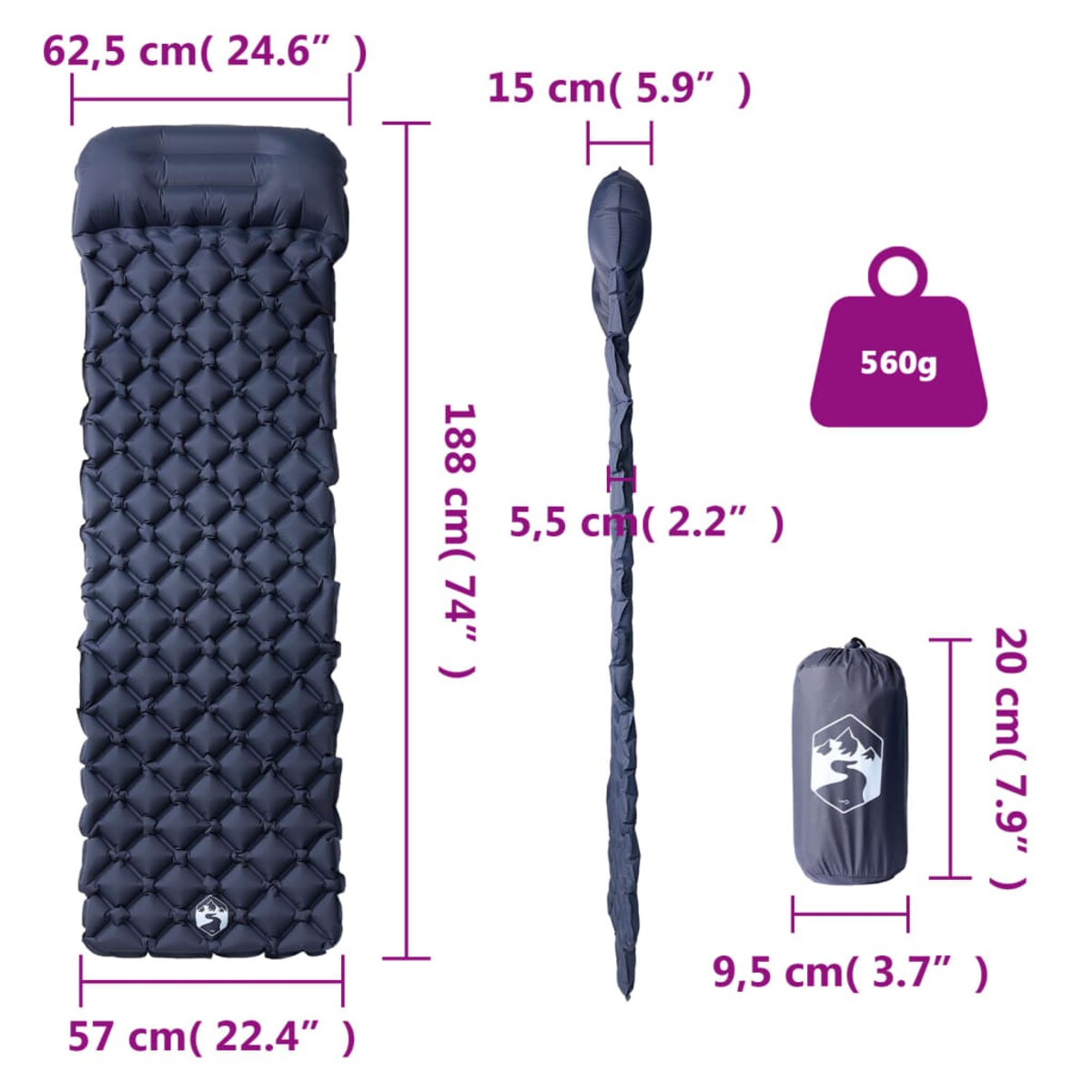 vidaXL Materac kempingowy z poduszką, 1-osobowy, szary