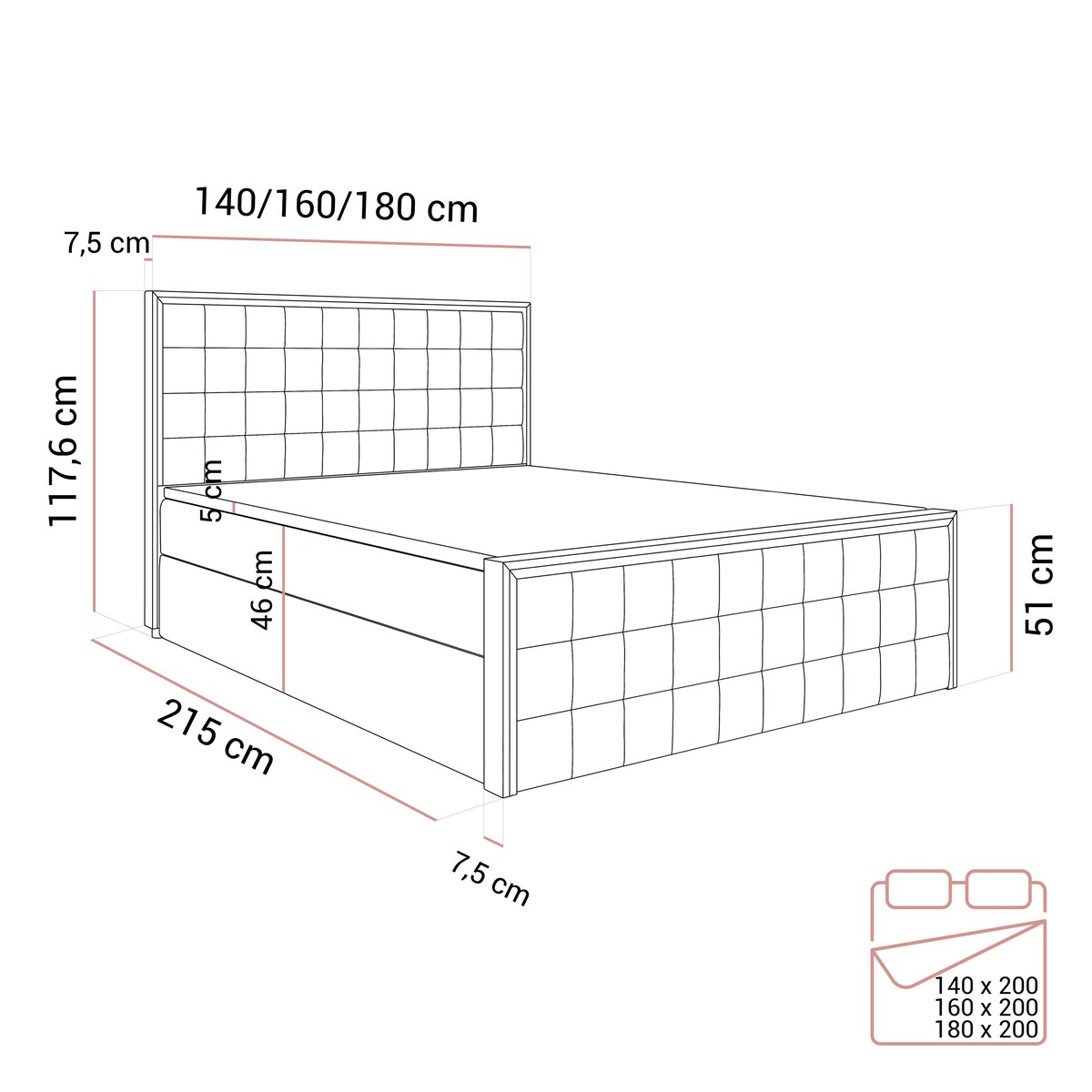 Łóżko kontynentalne ISADORA II GOLD, pojemnik na pościel, 180x200, RV 176, topper