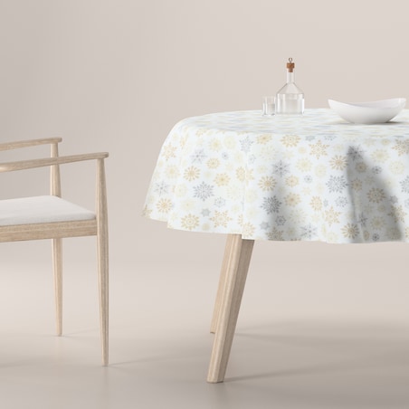 Obrus okrągły 160 x 160 cm złote, srebrne gwiazdy na białym tle