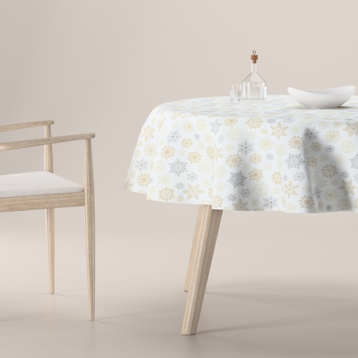 Obrus okrągły 160 x 160 cm złote, srebrne gwiazdy na białym tle