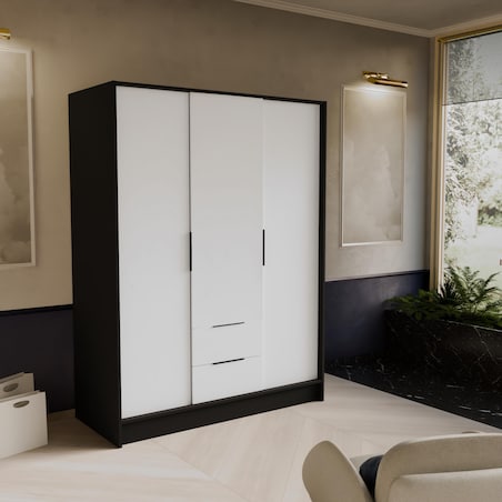 Szafa NIKOLA 150 z regulowanymi półkami do sypialni-czarny+biały front