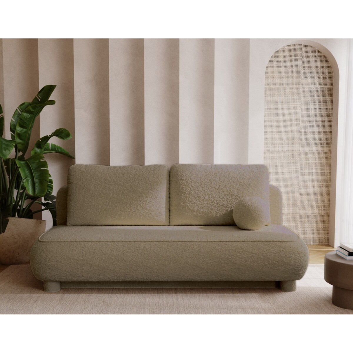 Kanapa Nowoczesna MAJA z funkcją spania w tkaninie boucle - ciemno beżowa