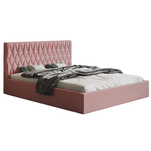 Łóżko tapicerowane 140x200 OLDO 3 z pojemnikiem, guziki kryształki-różowe