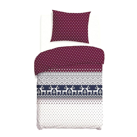 Pościel flanelowa 140x200 Arvena bordowa w renifery i kratkę, Flanelove