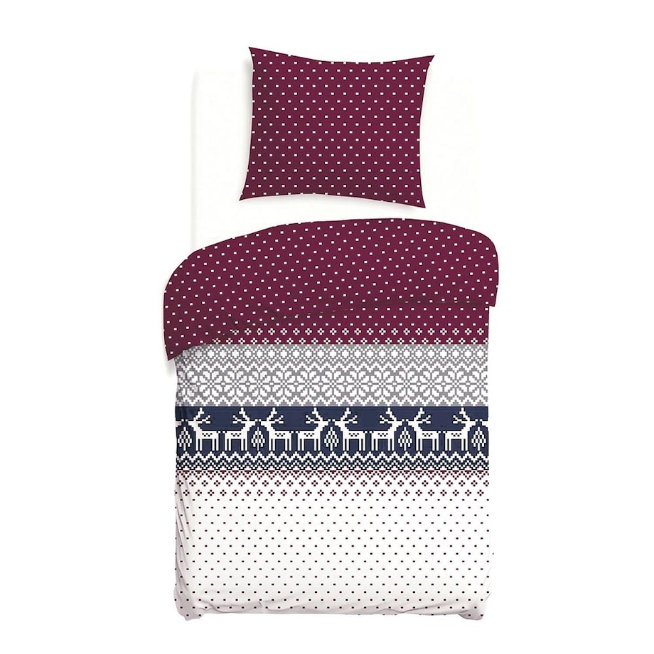 Pościel flanelowa 140x200 Arvena bordowa w renifery i kratkę, Flanelove