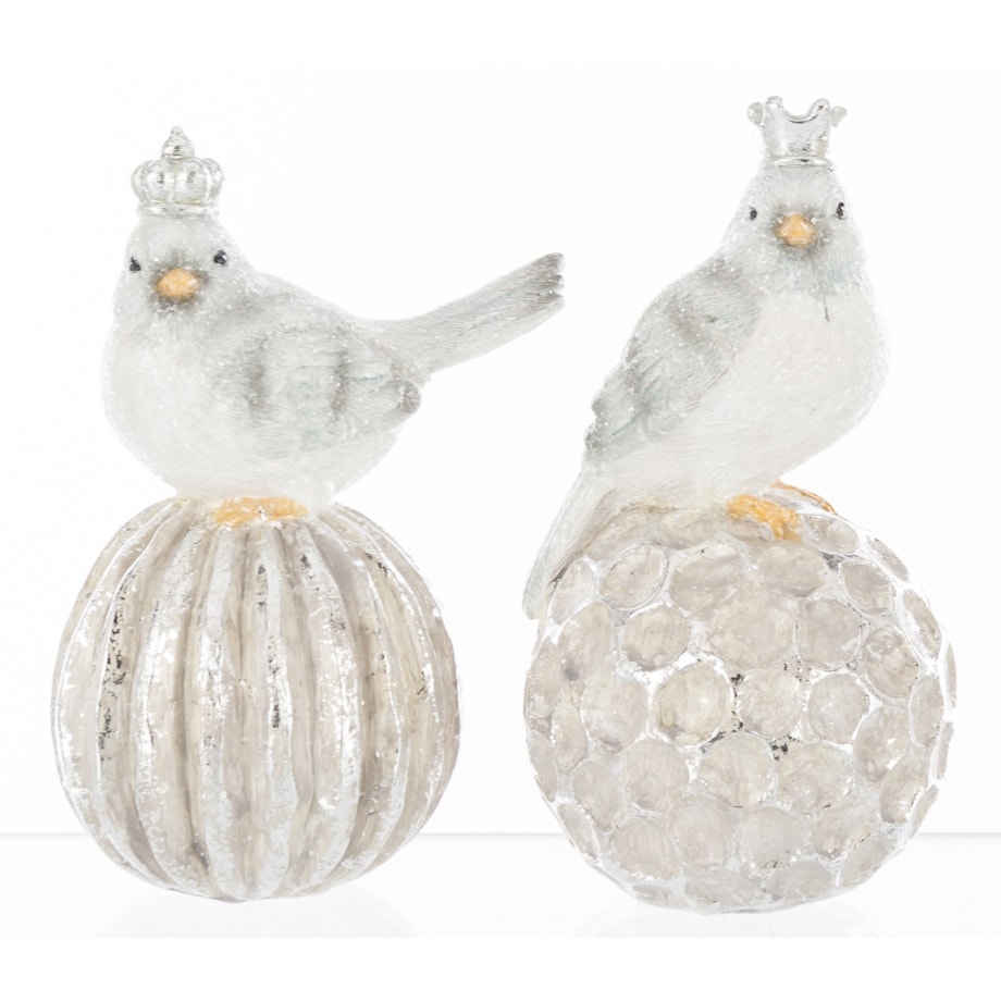 Dekoracja - 2 ptaszki w koronach siedzących na bombkach 16,5x8,5 cm SILVER