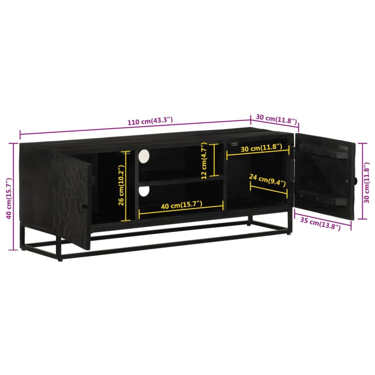 vidaXL Szafka pod TV, czarna, 110x30x40 cm, lite drewno mango i żelazo