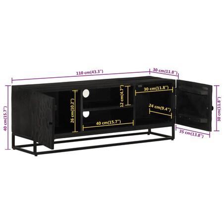 vidaXL Szafka pod TV, czarna, 110x30x40 cm, lite drewno mango i żelazo