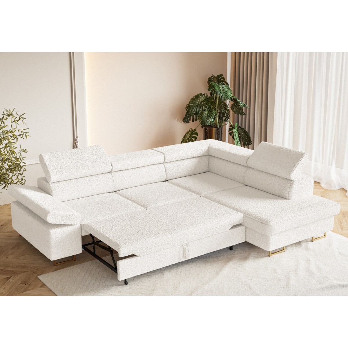 Narożnik ALEX z regulowanymi zagłówkami, prawostronny- tkanina boucle- ecru