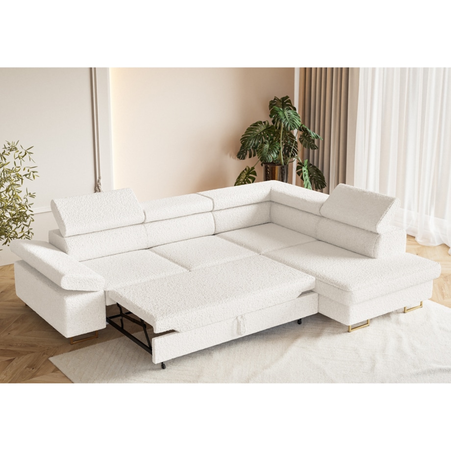 Narożnik ALEX z regulowanymi zagłówkami, prawostronny- tkanina boucle- ecru