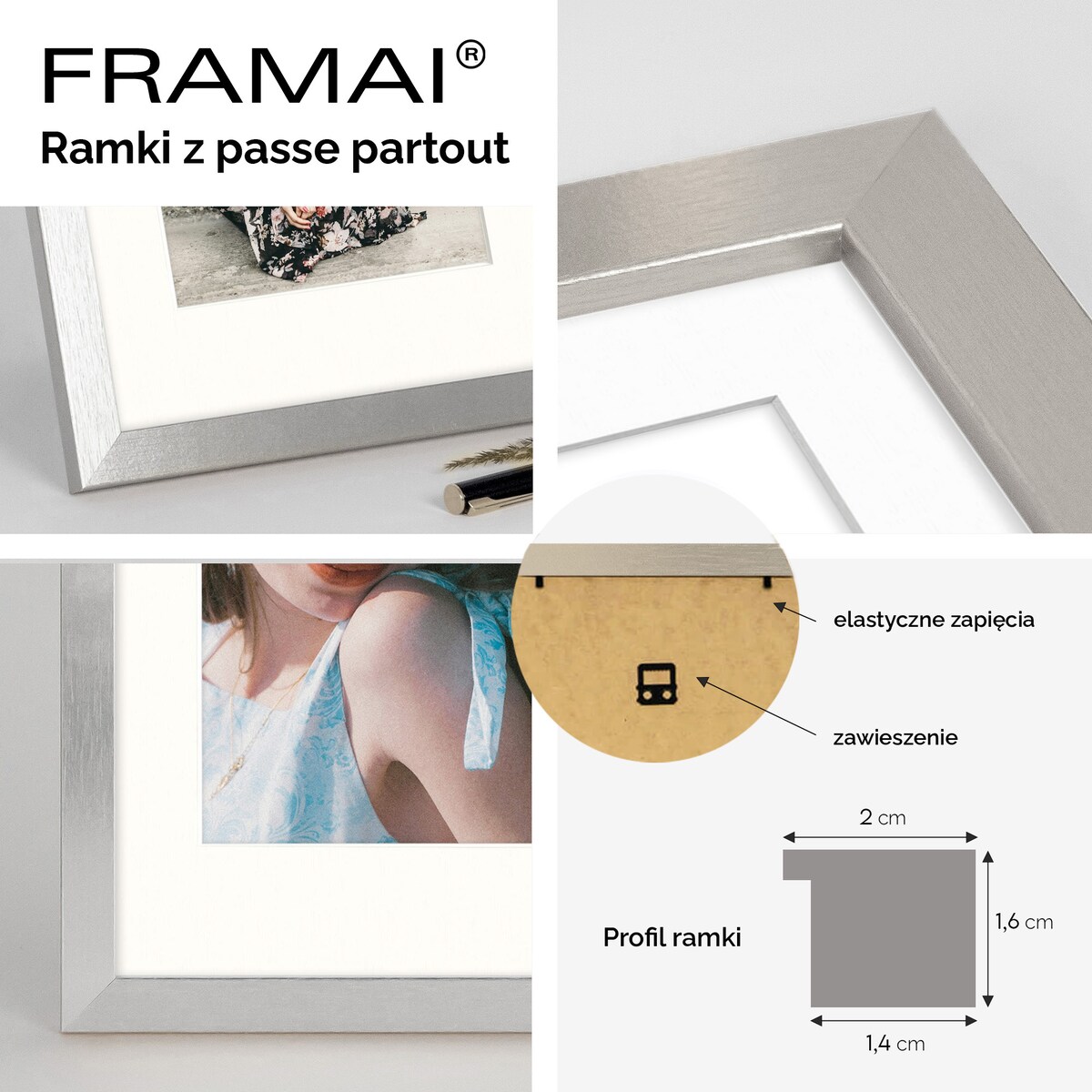 Ramka na zdjęcia z passe partout ramka 60x80 cm z okienkiem passe partout na zdjęcie 40x60 cm kolor srebrny FRAMAI®