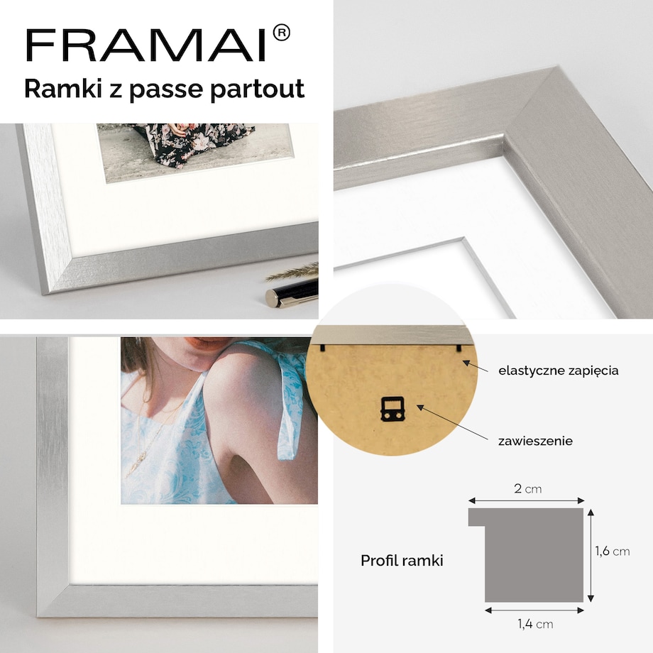 Ramka na zdjęcia z passe partout ramka 60x80 cm z okienkiem passe partout na zdjęcie 40x60 cm kolor srebrny FRAMAI®