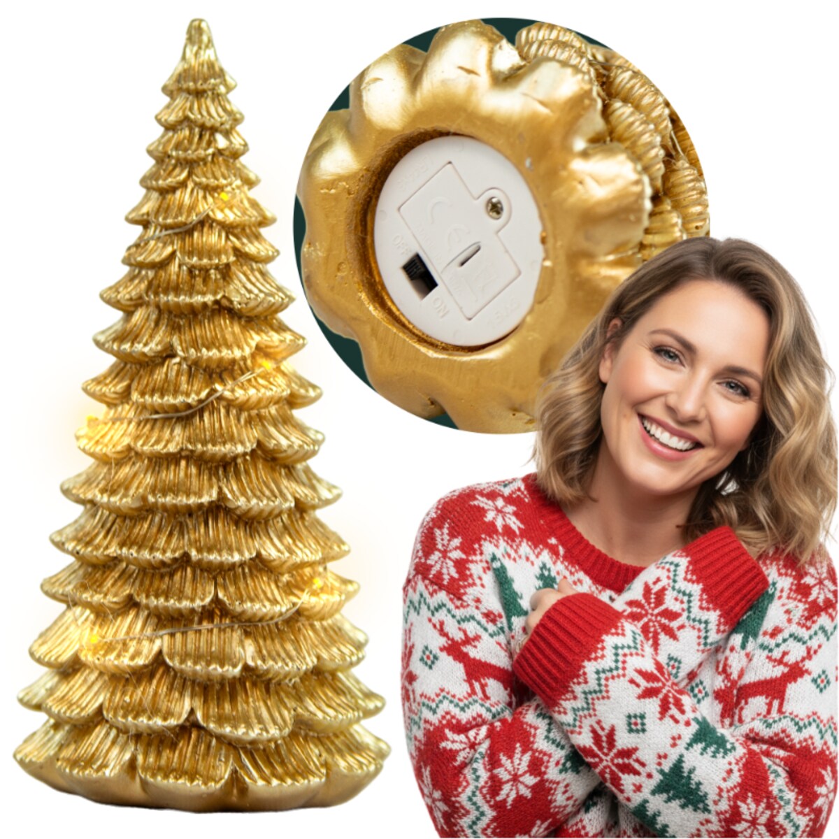 Choinka Led Złota Świecąca Figurka 15,5 Cm Ozdobna Dekoracja Świąteczna Na Baterie