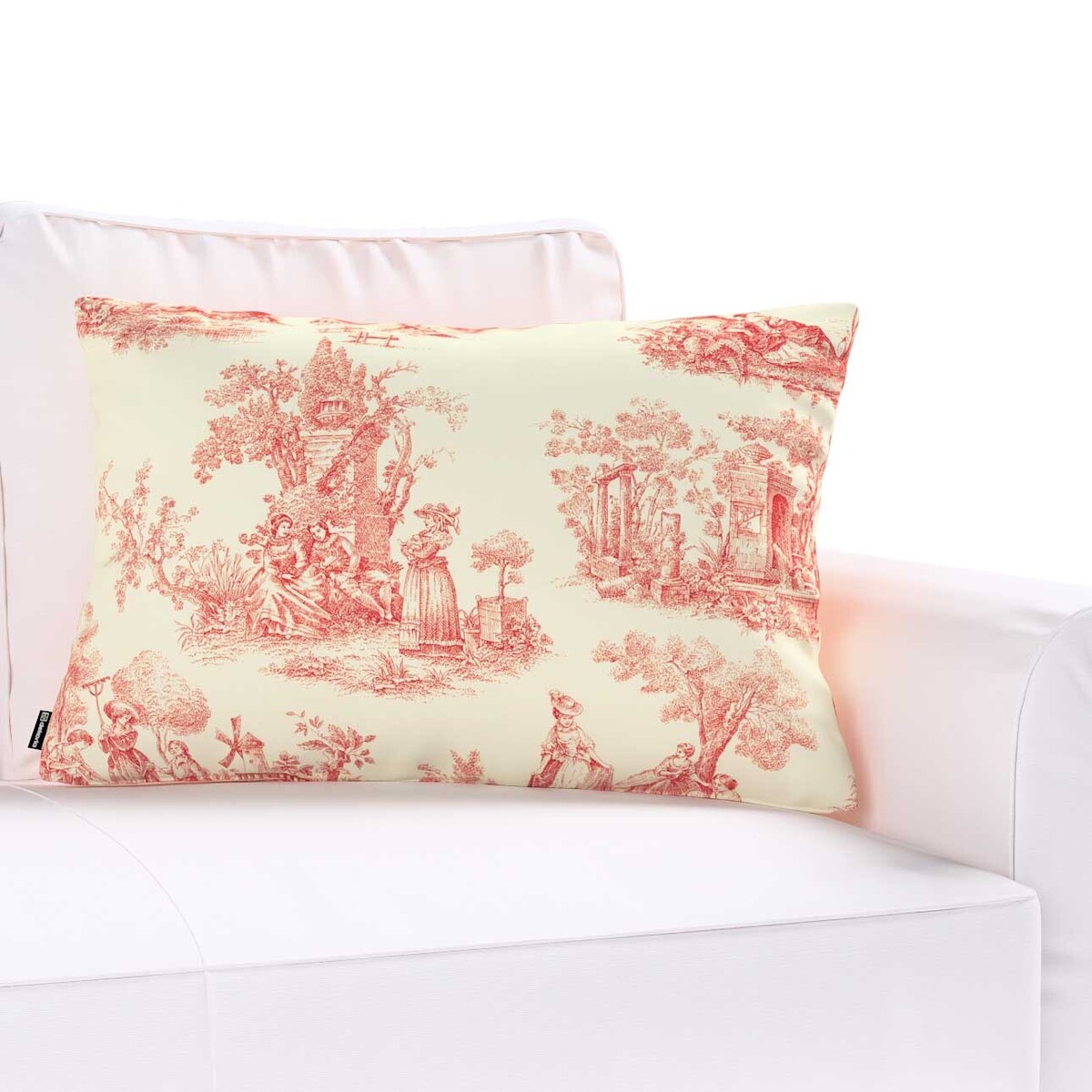 Poszewka Kinga na poduszkę prostokątną 47x28 scenki rodzajowe w kolorze czerwonym na tle ecru