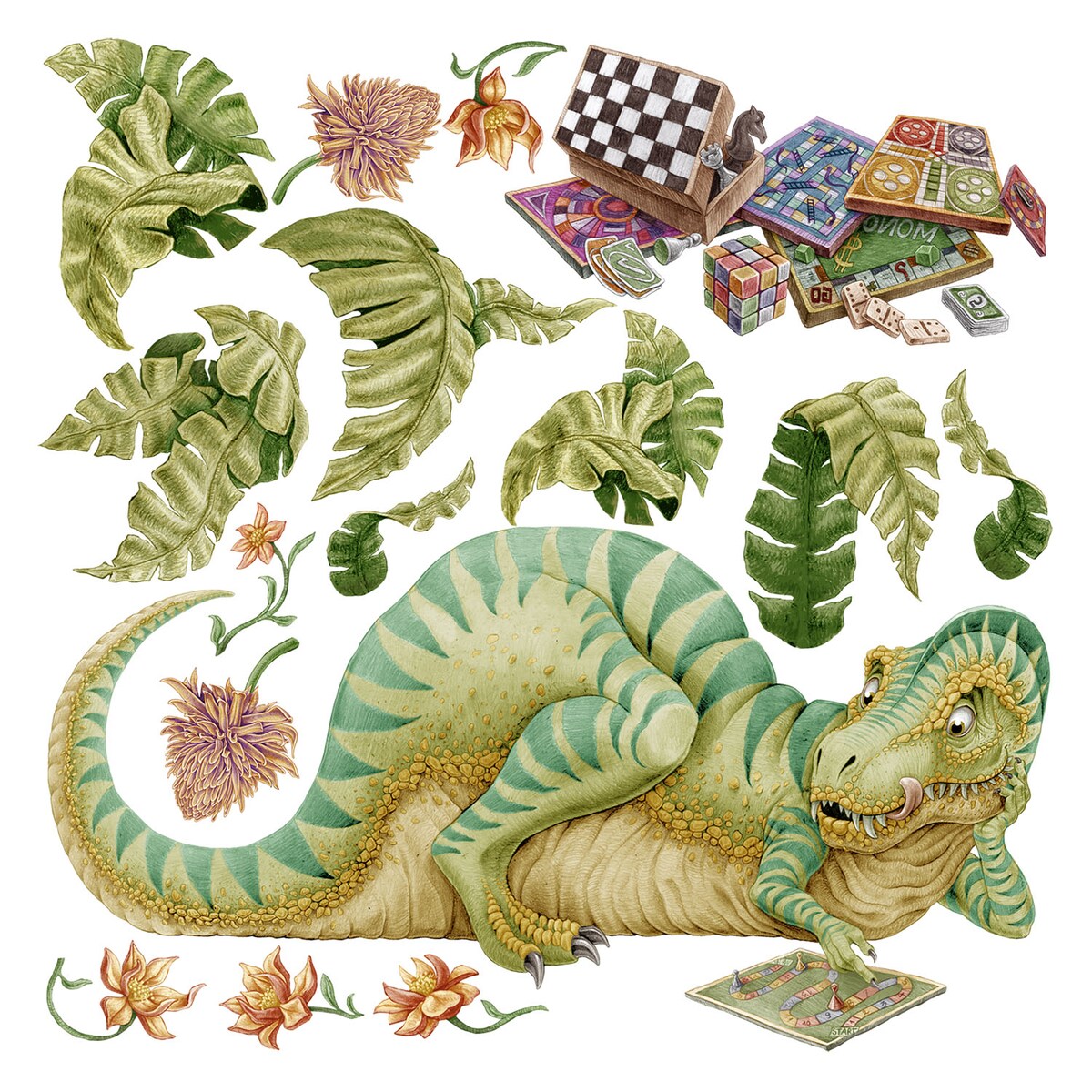 Zestaw naklejek na ścianę, Pastelowy Dinozaur z planszówką, 100cm