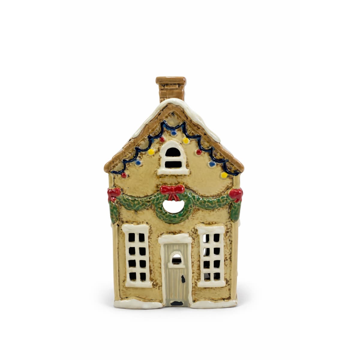 Ceramiczny domek na tea-lighty 21x11x9 cm DOMETTO beżowy z lampeczkami z
