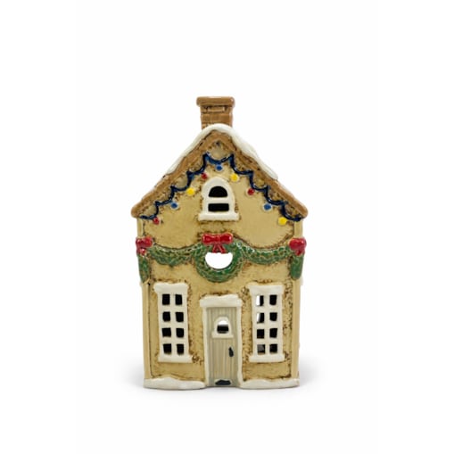 Ceramiczny domek na tea-lighty 21x11x9 cm DOMETTO beżowy z lampeczkami z