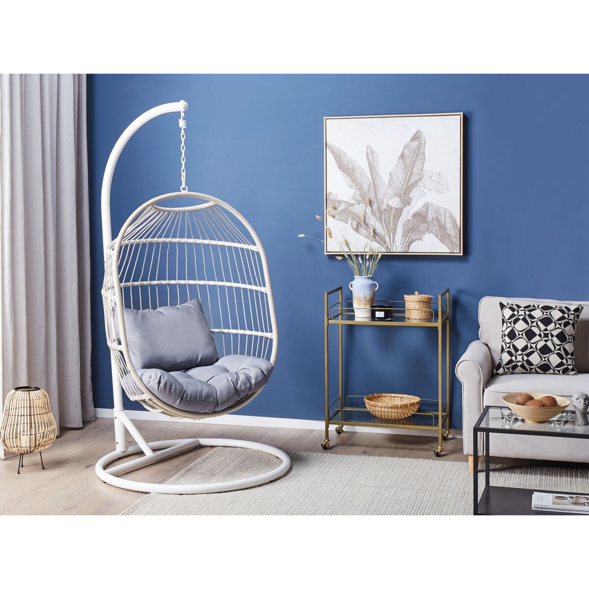 Fotel wiszący ze stojakiem z technorattanu biały ALBA