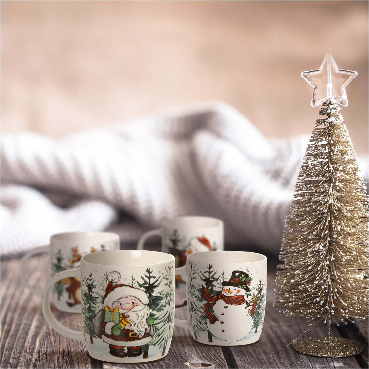 Kubek Świąteczny Boże Narodzenie Mikołaj Bałwan 370 Ml Zestaw 4 Szt