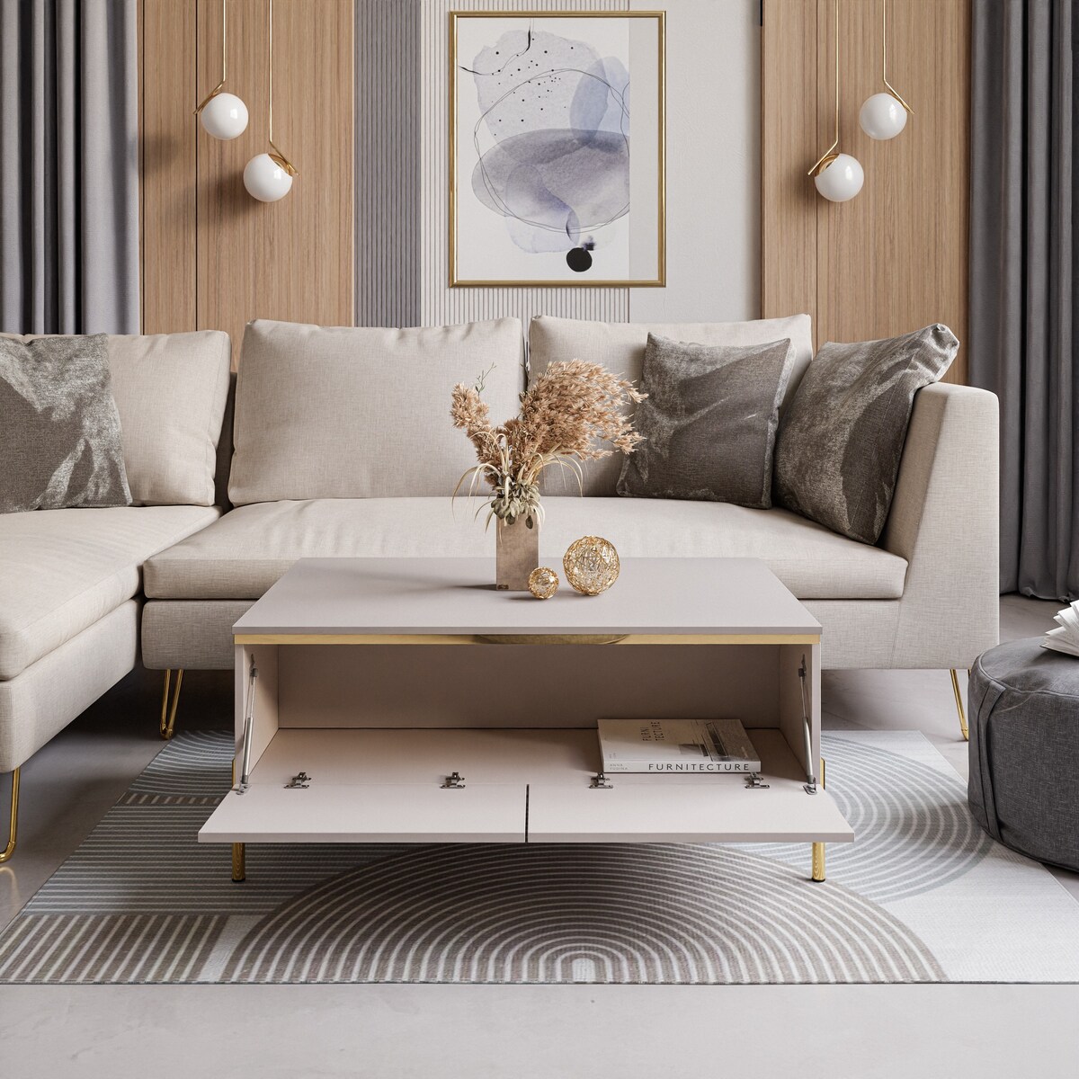 Ława AURORA KASZMIR ze schowkiem nogi proste złote