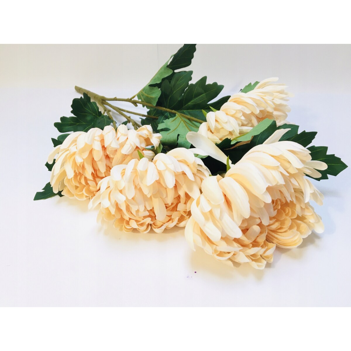 BUKIET DUŻY chryzantemy sztuczne kremowe LIŚCIE do flakonu na cmentarz grób