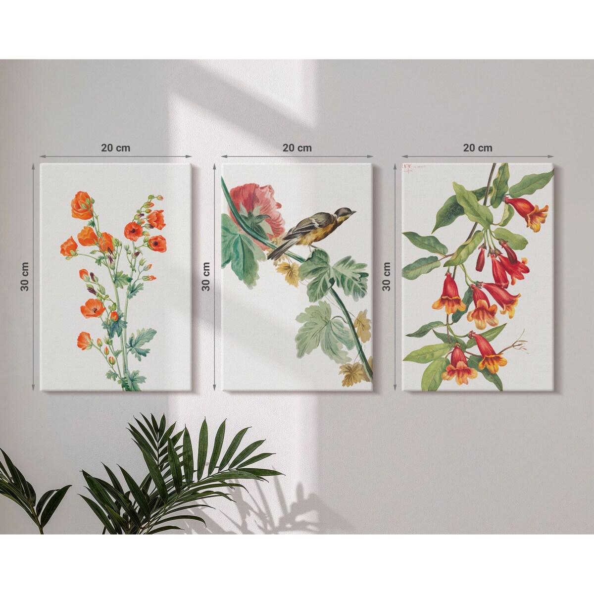 Zestaw 3 małych obrazów na płótnie - Malowane kwiaty i ptak - pomarańczowy