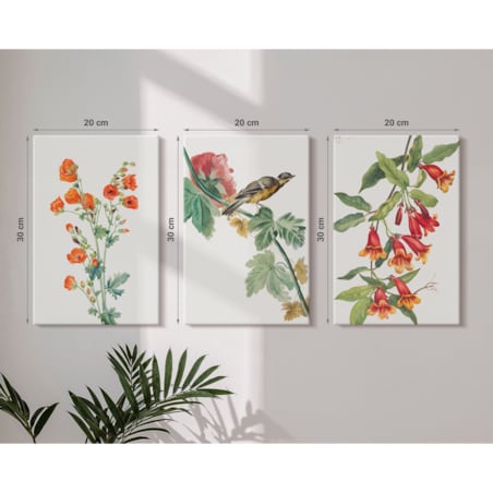 Zestaw 3 małych obrazów na płótnie - Malowane kwiaty i ptak - pomarańczowy