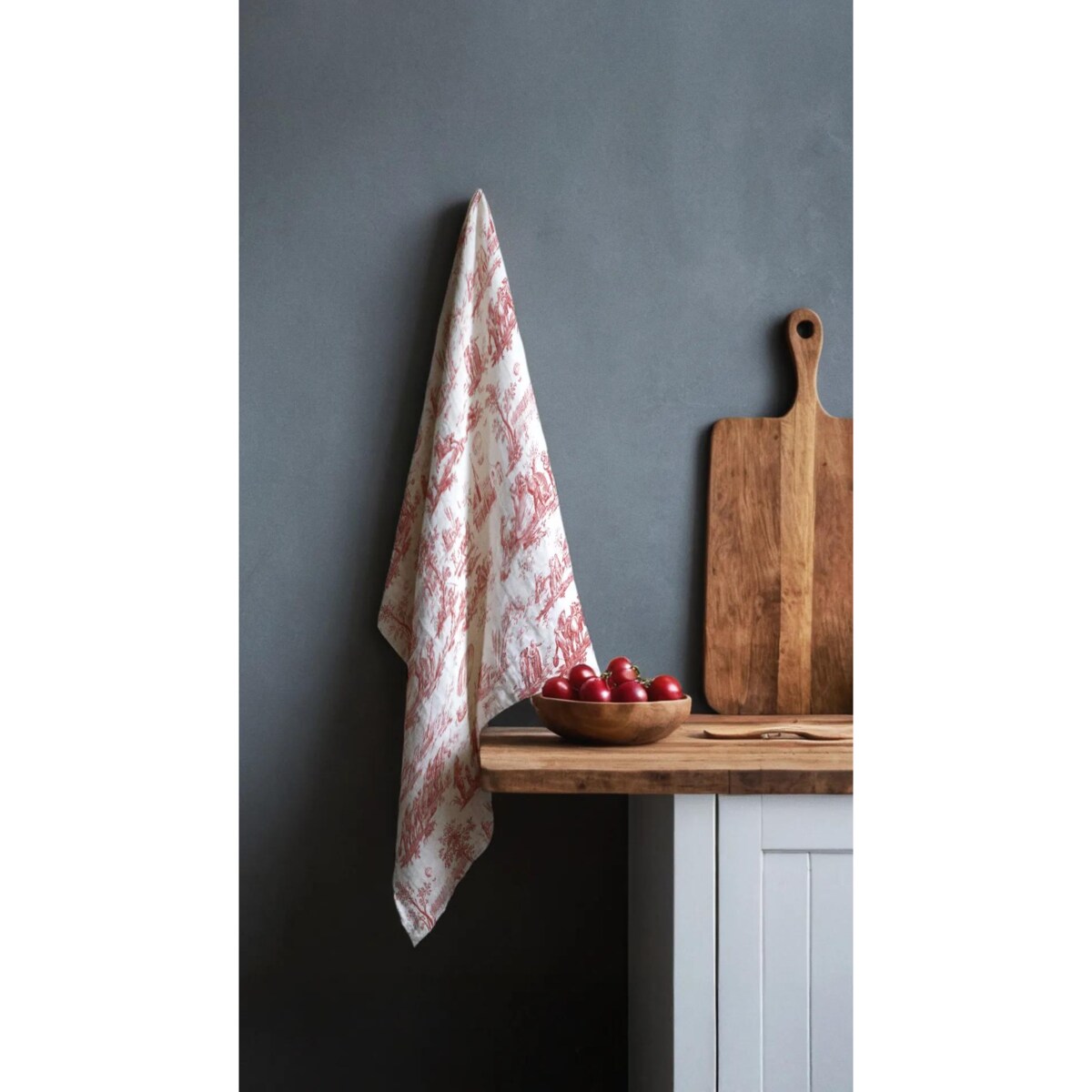 Lniany ręcznik kuchenny - Czerwony Toile de Jouy