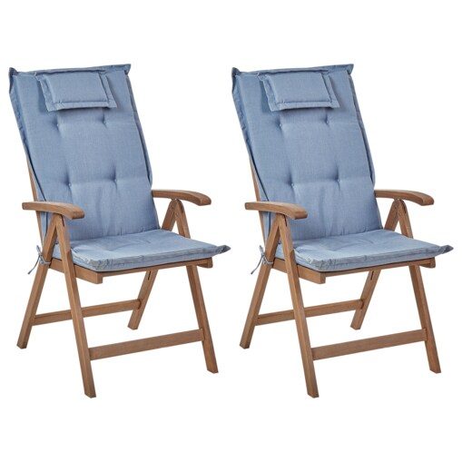 Zestaw 2 krzeseł ogrodowych drewno akacjowe z poduszkami niebieskimi AMANTEA