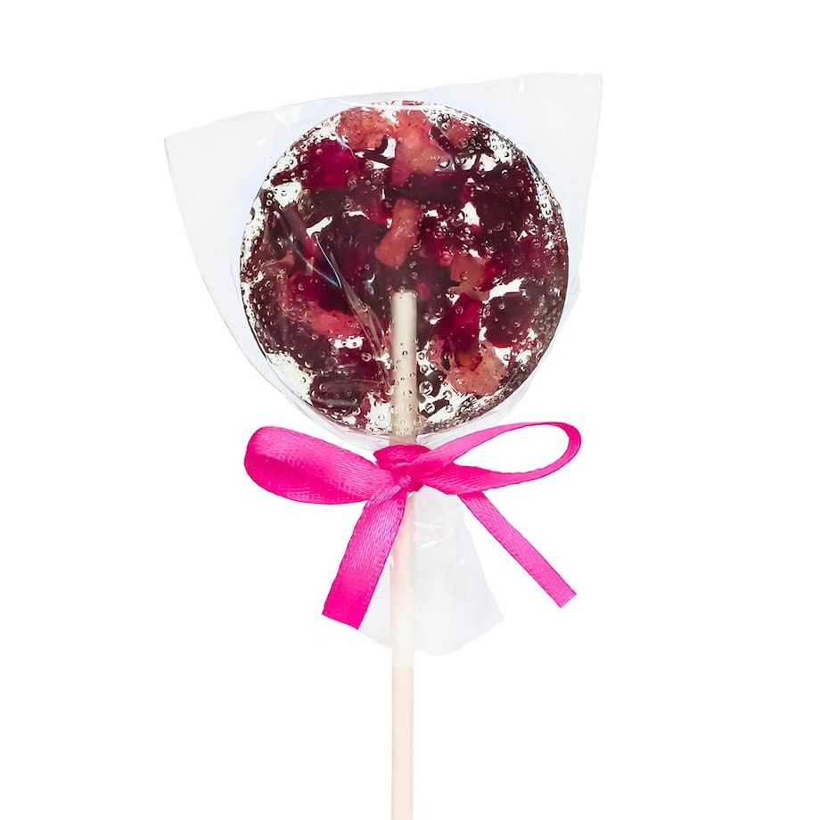 Herbaciany Lizak Malina - pyszny cukrowy lizak do rozpuszczenia w gorącej wodzie z dodatkiem suszonych owoców maliny na prezent, upominek - herbata, napar