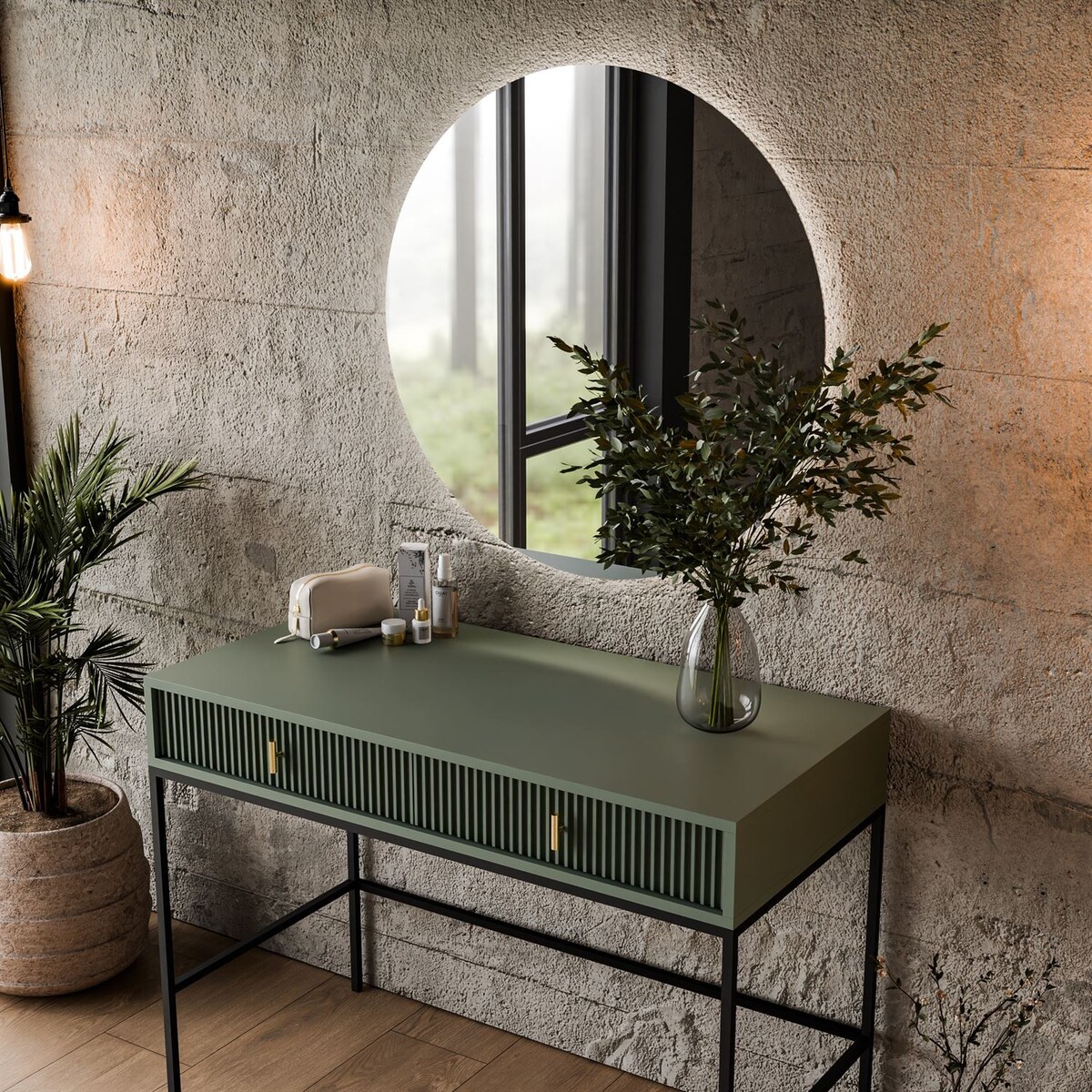 Toaletka MIDNIGHT na stelażu z lustrem i oświetleniem LED, zielona