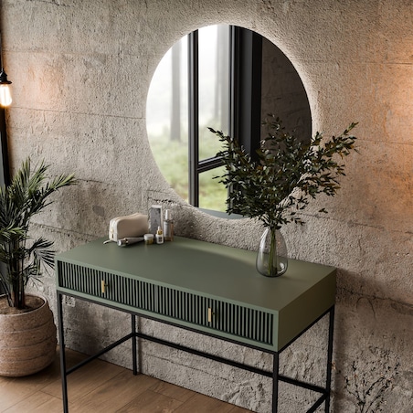 Toaletka MIDNIGHT na stelażu z lustrem i oświetleniem LED, zielona