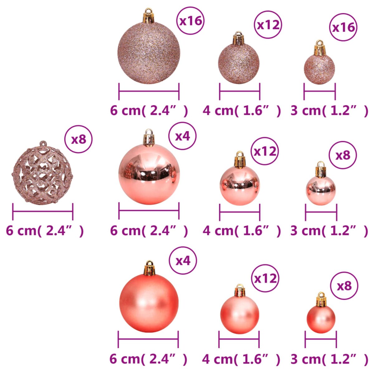 vidaXL Bombki świąteczne, 100 szt., róż i odcienie różu, 3/4/6 cm