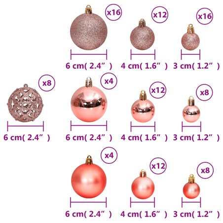 vidaXL Bombki świąteczne, 100 szt., róż i odcienie różu, 3/4/6 cm