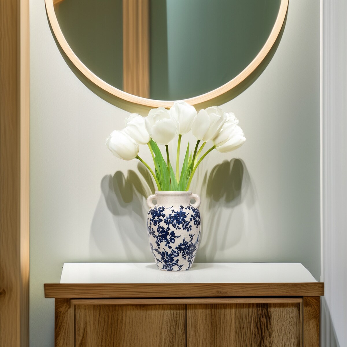 WAZON DZBANEK 23cm CERAMICZNY NA KWIATY RETRO BIAŁY RÓŻE WYSOKI DO SALONU
